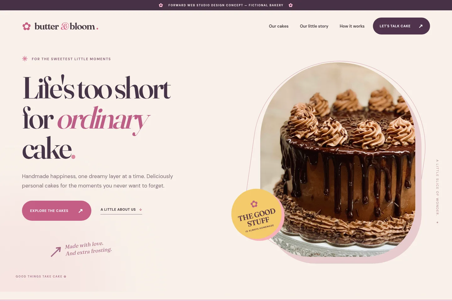 Complete desktop homepage preview of Butter and Bloom, a whimsical boutique cake studio website