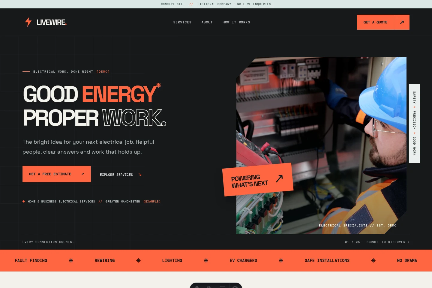 Complete desktop homepage preview of LIVEWIRE Electrical, with its charcoal and orange design