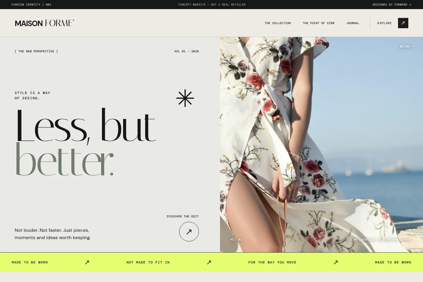Complete desktop homepage preview of Maison Forme, a minimalist editorial fashion concept