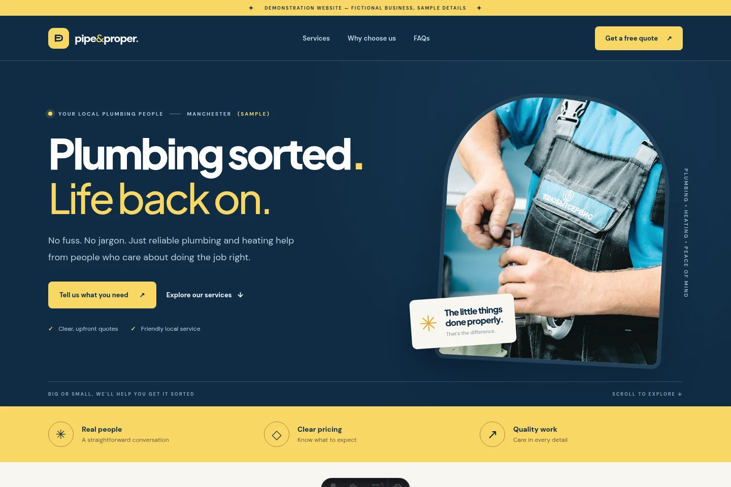 Complete desktop homepage preview of Pipe and Proper, with its navy and yellow design and full headline