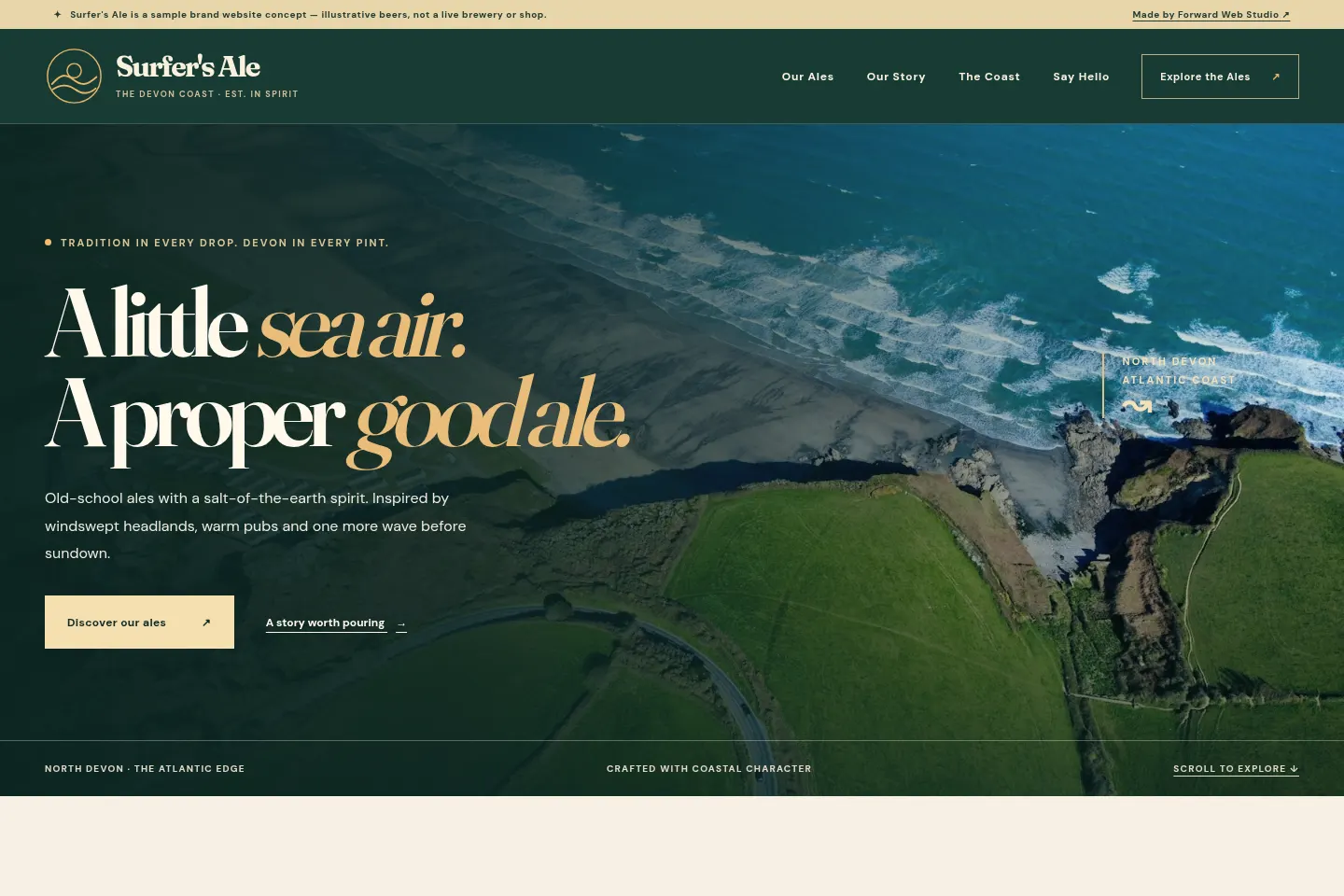 Traditional green and cream Devon brewery homepage with coastal photography
